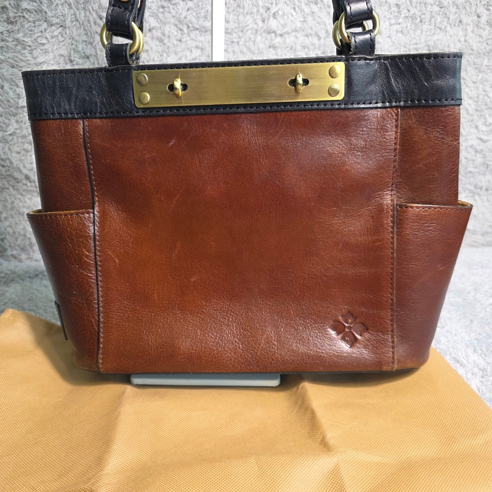 Patricia Nash Classic Leather Shoulder Tote Bag Brown Black Brass Hardware